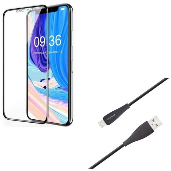 iPhone XS/X - Charger Cord 10ft USB Cable w Ceramics Screen Protector - Power Wire Long Sync Fast Charge Data, Matte 3D Curved Edge Full Cover Anti Glare Anti Fingerprint 9H Hardness