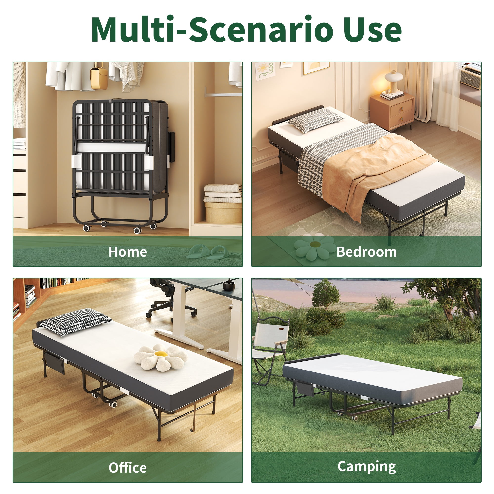 PORKISS Folding Bed with Mattress and Headboard for Adults, Rollaway Guest Bed with 5" Memory Foam Mattress, Portable Foldable Bed with Locking Wheels, Space Saving Bed, 74.8"x 30.7" + Headboard