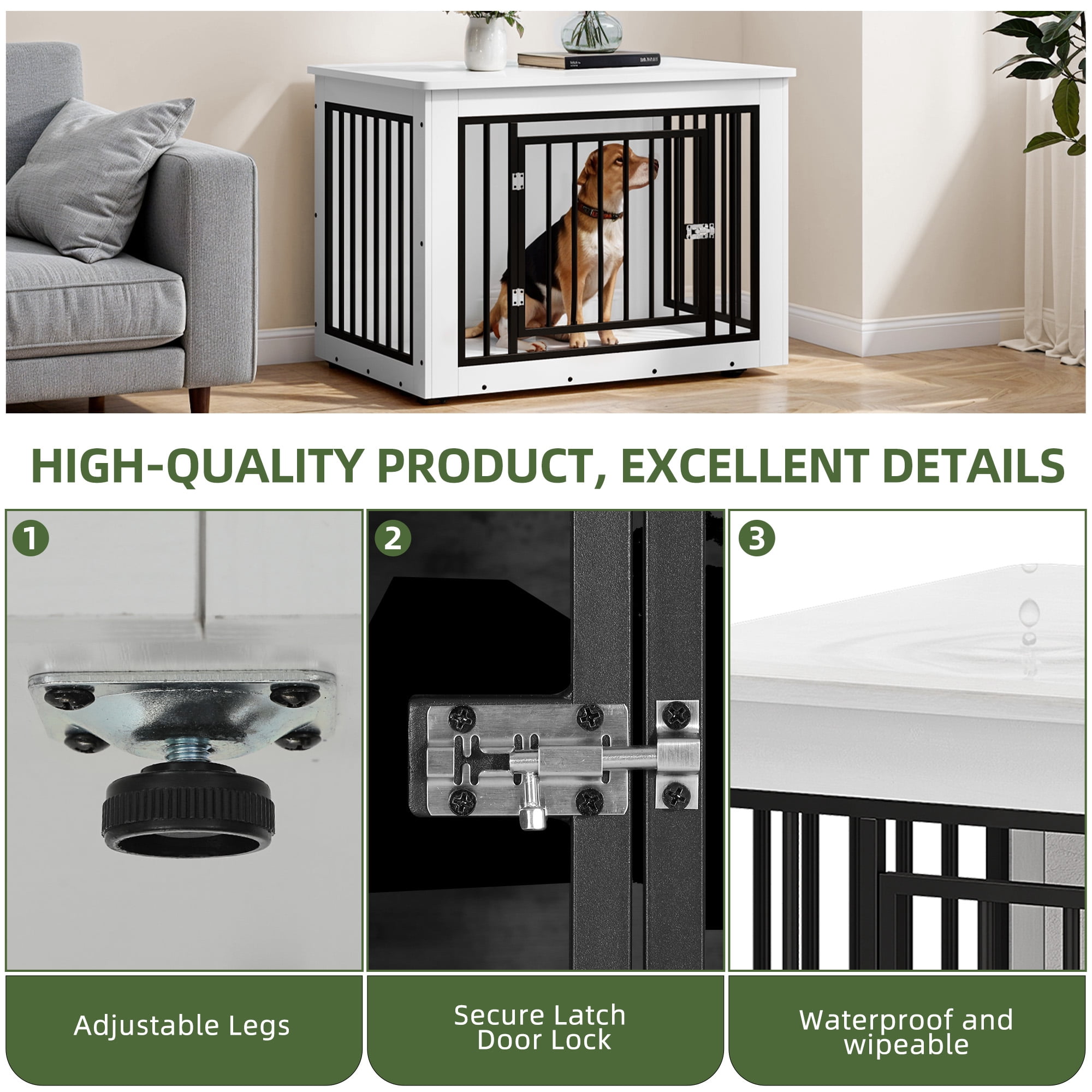 Uforic 38" Wooden Indoor Dog Kennel with Chew Resistant Metal Frame, with Waterproof Top & Rounded Corners for Indoor Use, White
