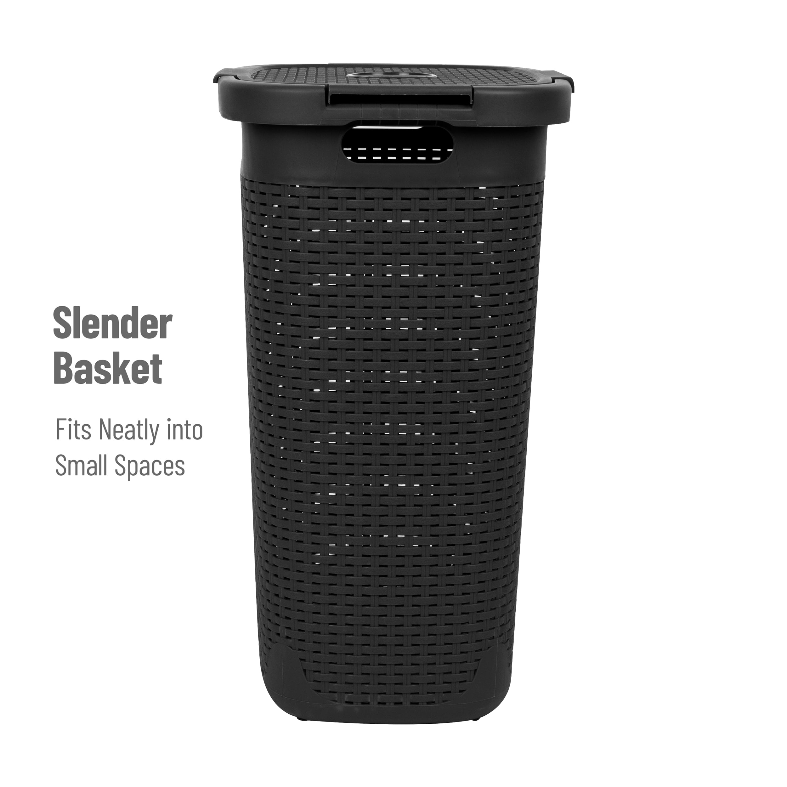 Mind Reader 60L Slim Laundry Hamper, Clothes Basket, Lid, Wicker Style, Plastic, 17.65"L x 13.75"W x 24.15"H, Set of 2, Black