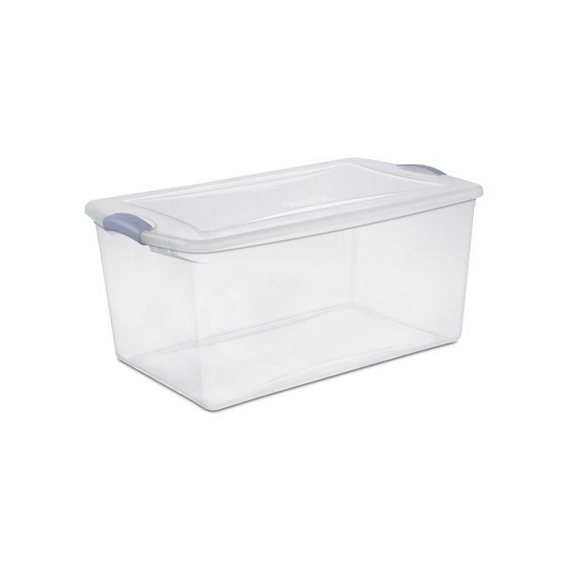 Sterilite 62 Liter Latch Box, Clear Plastic Storage Bin with Lid - Blue Latch