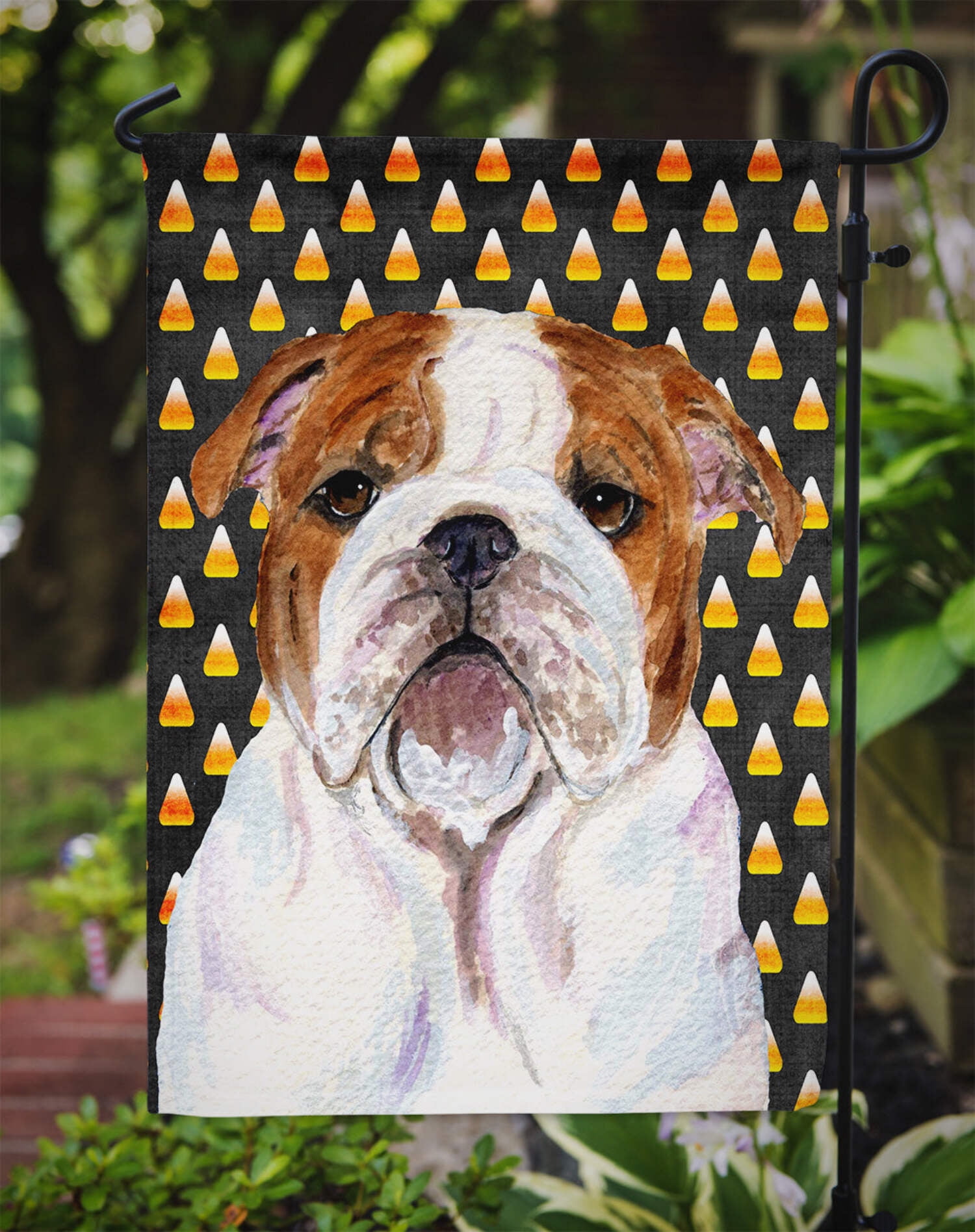Carolines Treasures SS4277-FLAG-PARENT Bulldog English Candy Corn Halloween Portrait Flag  multicolor