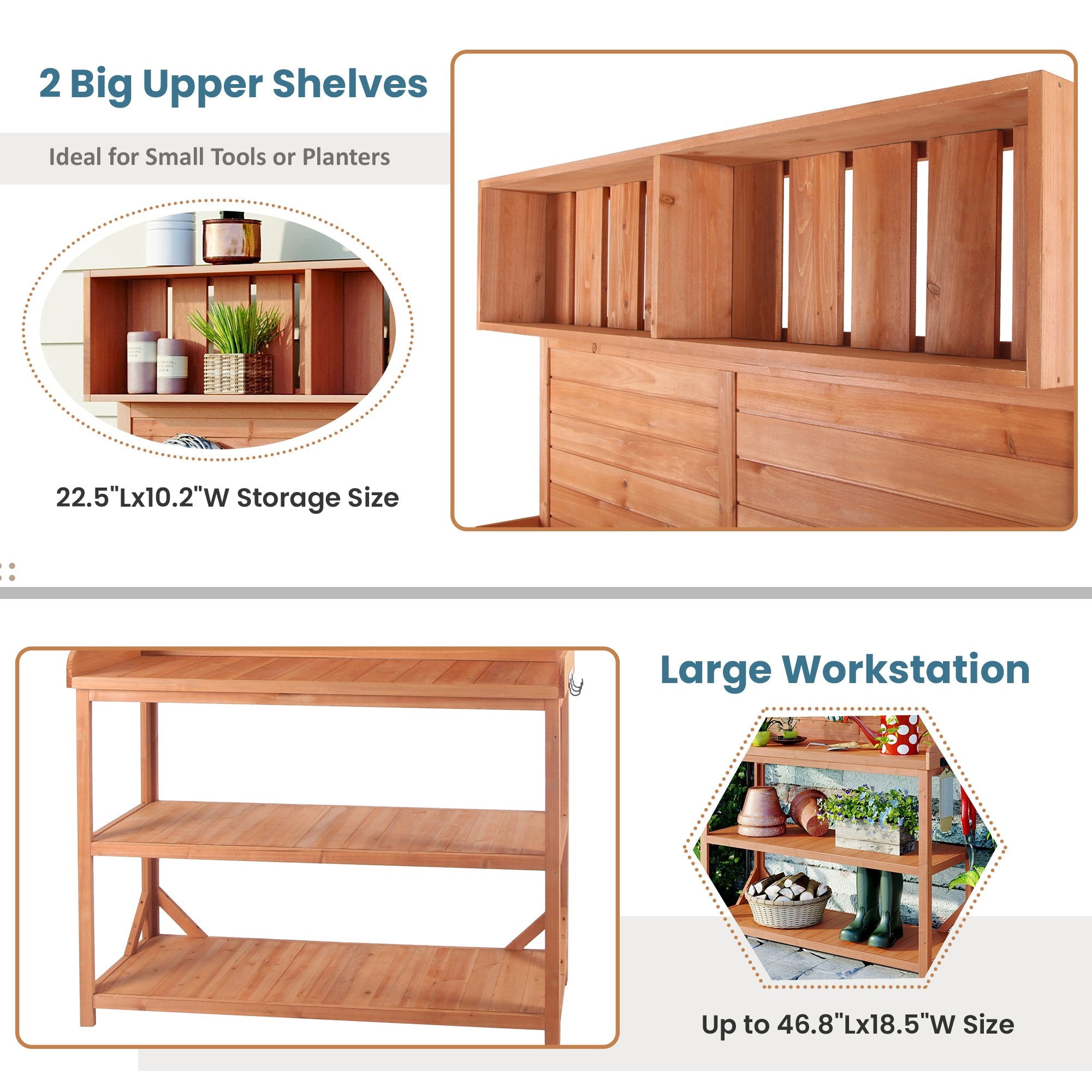 Sailvan 65" Farmhouse Wooden Outdoor Potting Bench Table,Large Patio Kitchen Island Garden Workstation with 4 Shelves and Hooks,Fir Wood Natural