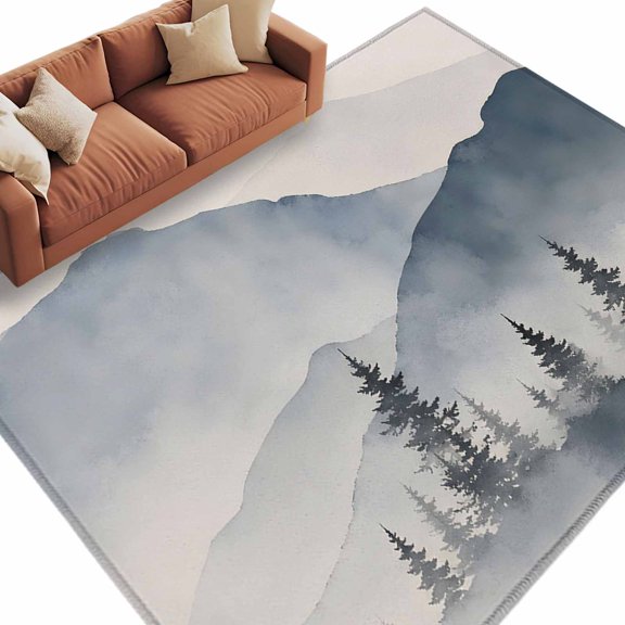Misty Forest Area Rug 5x7 Washable Rug Non Slip Blue Trees Mountain Rustic Landscape Large Area Rug Soft Stainresistant Indoor Floor Carpet for Living Room Bedroom Home Office Dining Room Nursery