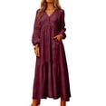 thumbnail image 2 of Women's Maxi Dress Long Sleeve V-Neck Loose Fit Button Down Cotton Linen Retro Swing Dress for Spring Fall Casual Daily Wear,Wine,3XL, 2 of 7