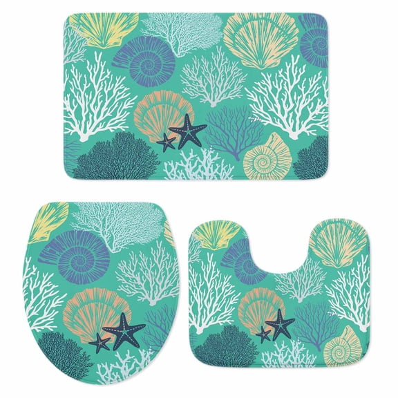 Aqua Gray Shell Coral Bath Mat 3 Piece Bathroom Rug Set, Coastal Summer Beach Nautical Ocean Non Slip Bath Rug Contour Mat and Toilet Lid Cover, Absorbent Shower Mats Soft Bath Rugs and Mats Sets