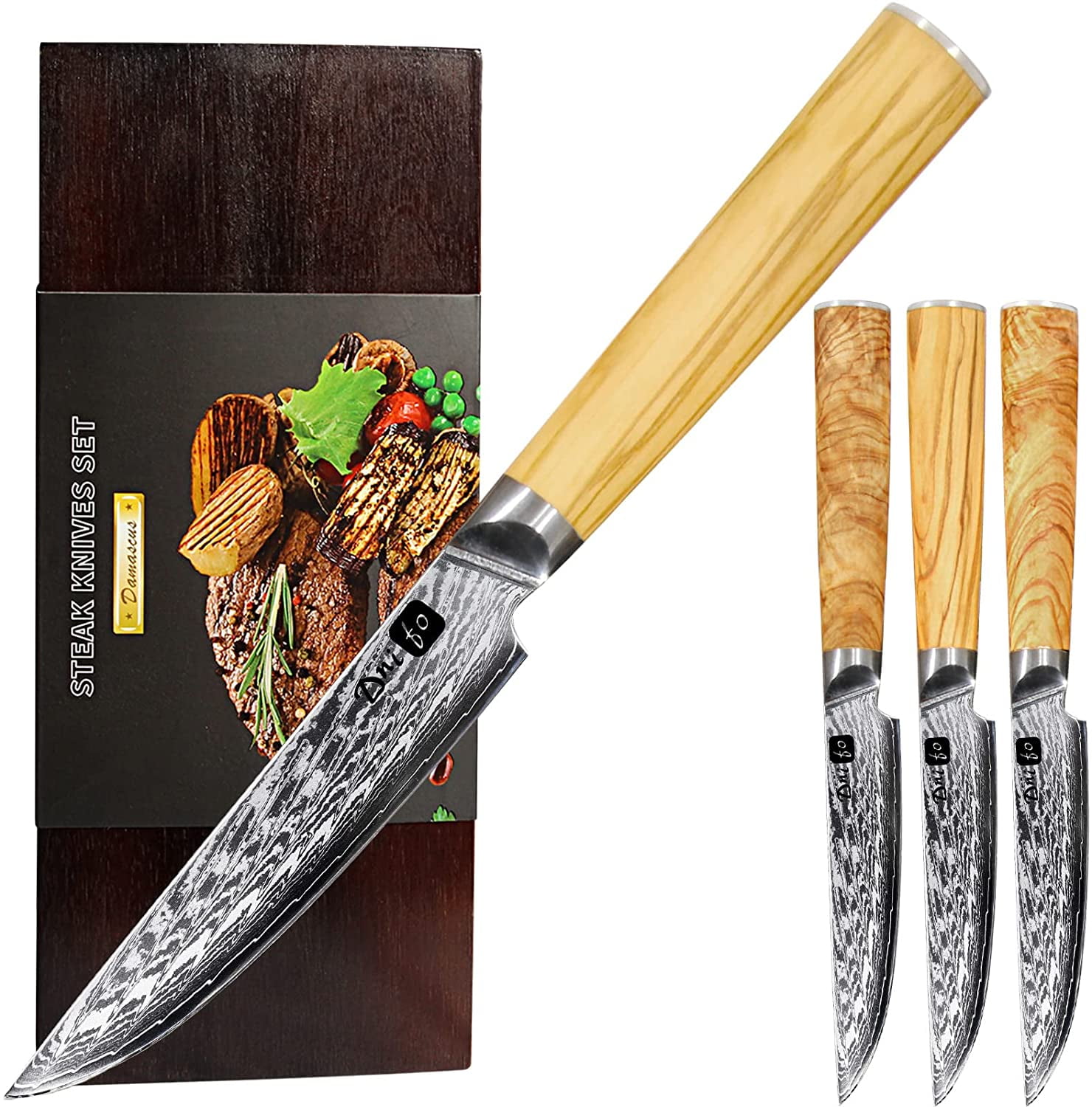 Steak Knives, 6-pcs, Super-Sharp 5” Damascus Steak Knife, Highly Resistant  and Durable, Rust-Resistant Japanese VG10 Steel, Olive Wood Handle,  Non-Serrated Steaks Knives in Gift Box 