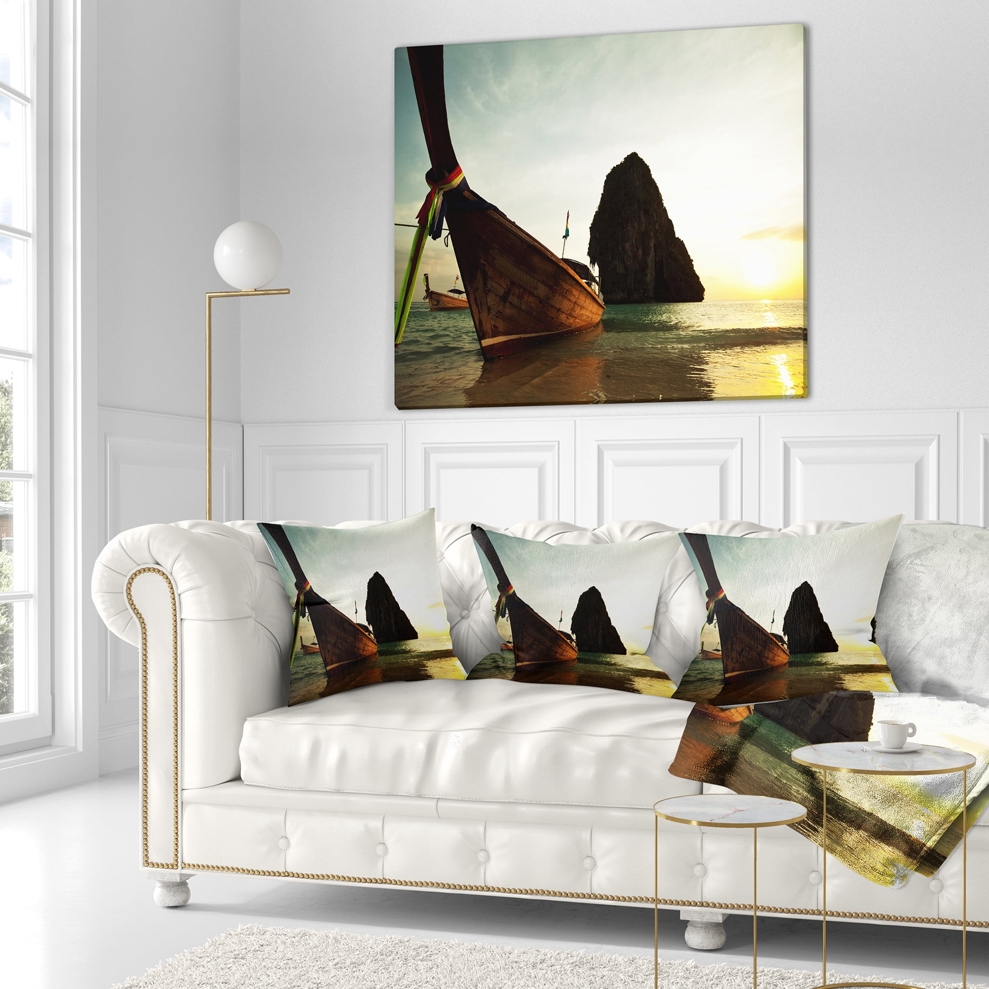 Designart Tropical Beach with Huge Boat - Seashore Throw Pillow - 18x18