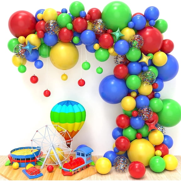 JOYYPOP Carnival Circus Balloon Arch Garland Kit, 146 Pcs Red Blue Yellow Green Colorful Balloon Garland and Star Foil Balloons for Boy and Girl Birthday Party Christmas Theme Party Supplies