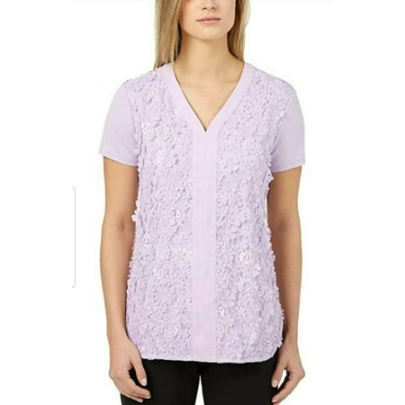Badgley Mischka Women's 3D Flower Short Sleeve Top, Mystic Lilac Medium - NEW