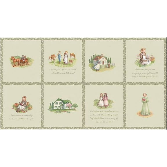 24" X 43" Panel Patchwork of Vignettes Text from Anne of Green Gables 10'' Squares Riley Blake Cotton Fabric Panel (PD16128)