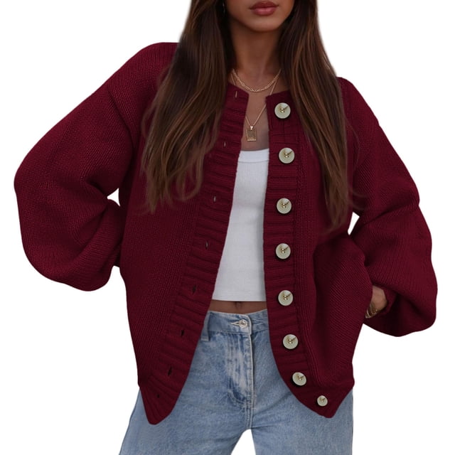 Suéter PRETTYGARDEN Burdeos de Punto Grueso con Botones XL