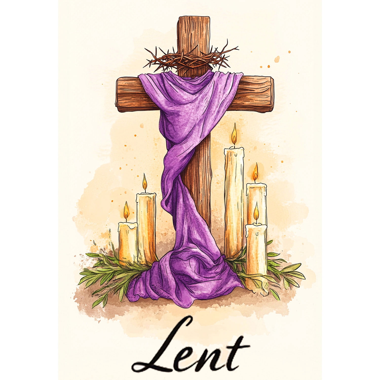 America Forever Lent Cross Candles House Flag, 28 x 40 inch Double Sided, Wooden Cross Crown Thorns Purple Cloth, Lenten Season Religious Candles, Sacred Cross Flag