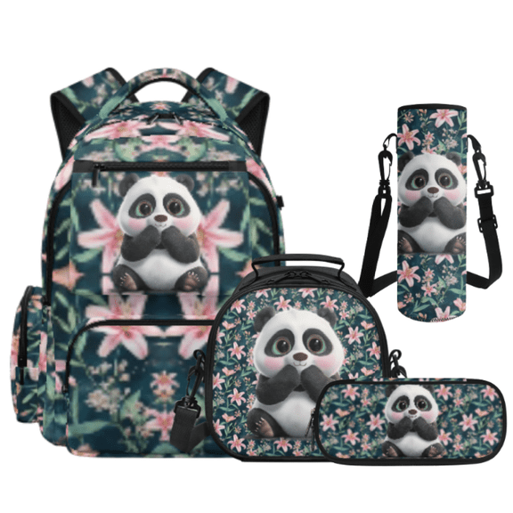 Binienty Panda Flower Pattern Design 4 Pack Backpack Set for Girls, Large Capacity Bookbag Lunch Bag with Pencil Case Reusable Cup Sleeve Fit for Back to School
