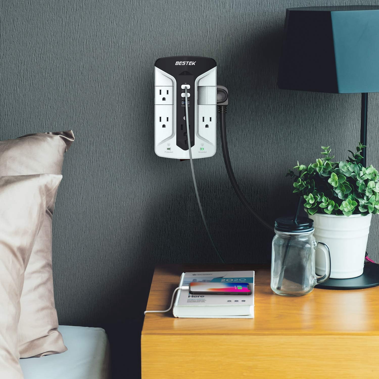 BESTEK 7-Outlet Wall Tap Surge Protector with Swivel Outlets, 3 USB, 900 J, Top Phone Holder