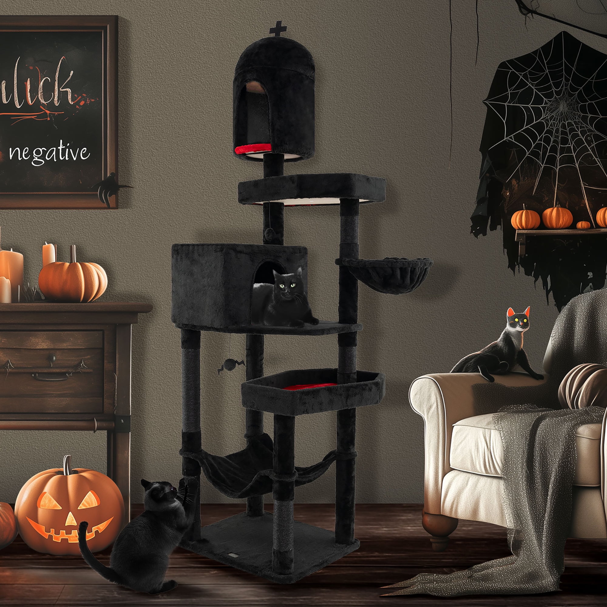 Gymax Gothic Cat Tree for Indoor Cats Extra Large Cat Tower w/2 Cat Condos Coffin Bed