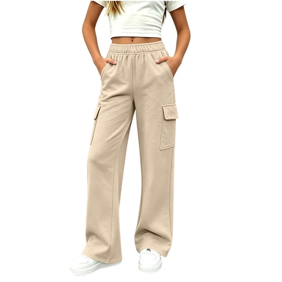 RQYYD Girls Cargo Sweatpants Teen Kids Wide Leg Baggy Pants Elastic Waist with Pockets 5-14 Years