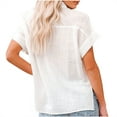thumbnail image 4 of BiZtdJrK Cotton Linen Shirts with Pocket for Women Button Down Blouse Summer Breathable Short Sleeve Casual Dress Tops White L, 4 of 5