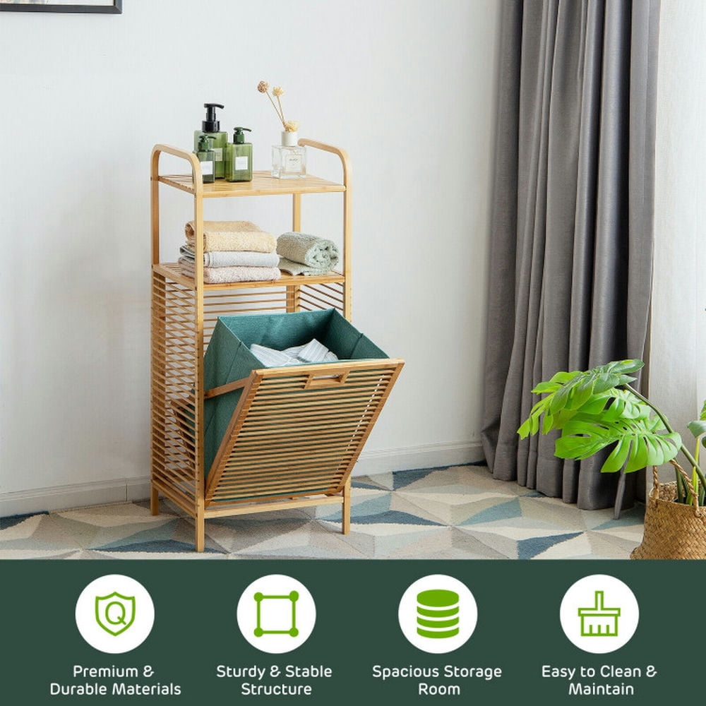 Finihen Laundry Hamper, Laundry Basket, Tilt-out Bamboo Laundry Hamper with 2-Tier Shelf and Removable Liner, for Bathroom, laundry Room, Natural Finihen Laundry Hamper, Laundry Basket, Tilt-out Bamboo Laundry Hamper with 2-Tier Shelf and Removable Liner, for Bathroom, laundry Room, Natural