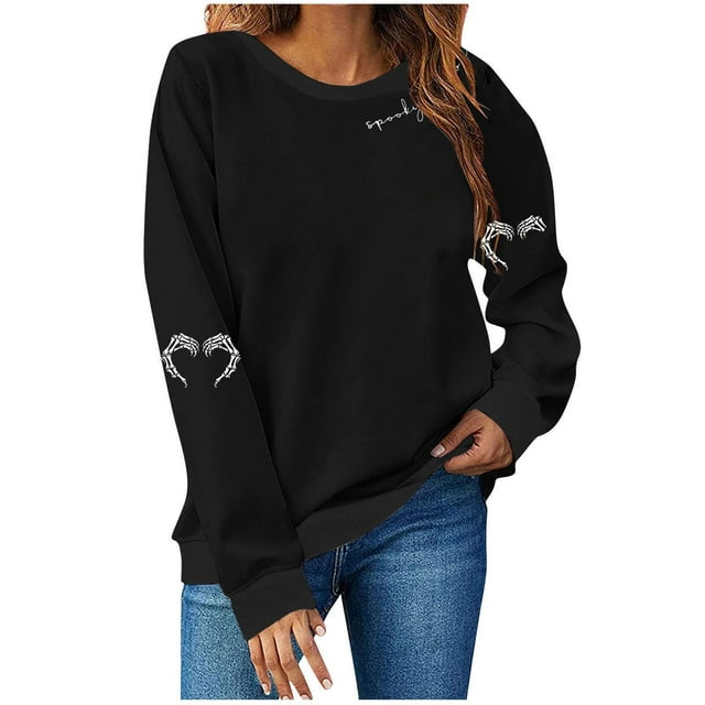 LMKIHUSA Chandail d'Halloween pour Femmes Saison Effrayante Drôle Squelette Cœur Graphique Chandail à Manches Longues Col Rond Hauts Décontractés Mode Automne 2025 Chandail Noir, TG