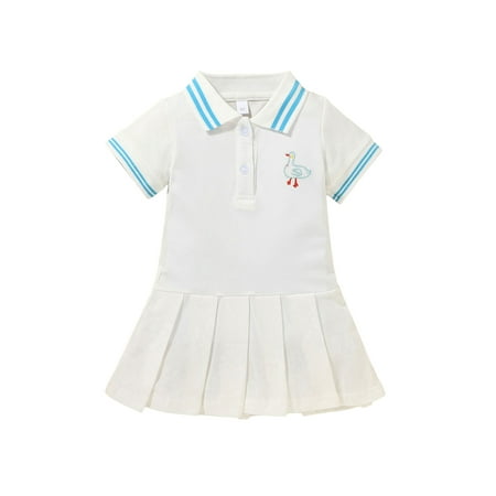 

Toddler Baby Girl Sports Dress Short Sleeve Polo Collar Duck Embroidery Pleated Dress Summer Clothes Outfit