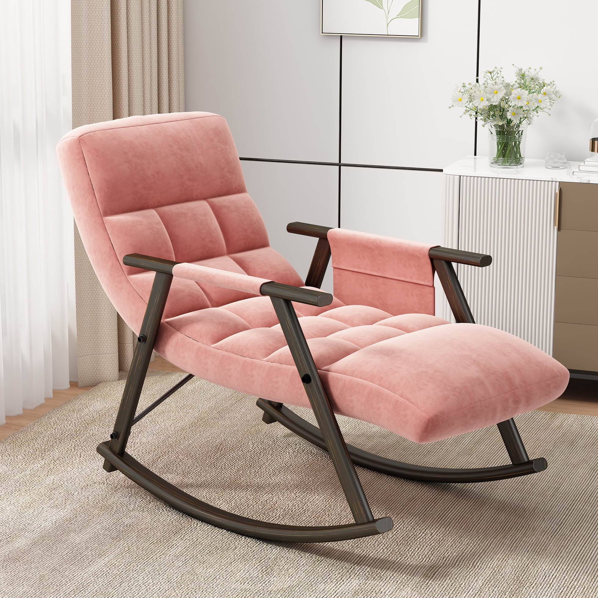Aukfa Upholstered Rocking Chair, Lounge Chair w/ Adjustable Back & Foot Rest,GrayAdjustable Pink