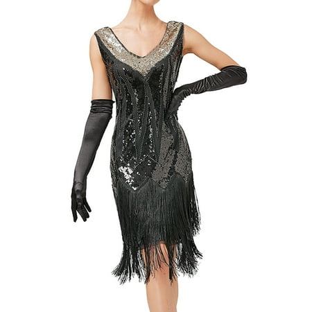 

Women Vintage Dress Sleeveless Dress Retro Sequin Beaded Double Tassels Party Night Gown Dress