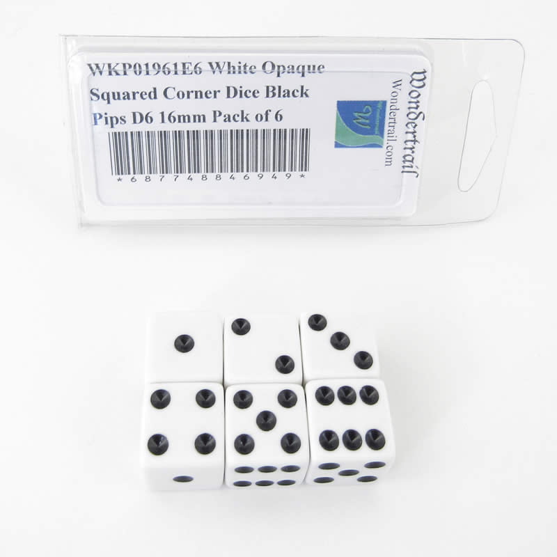 6 Sided Square Opaque Large 19mm White Dice With Black Pips 24 Pack 