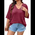 thumbnail image 2 of Camisetas con Cuello en V para Mujer, Blusas de Punto A Rayas de Media , Corte Holgado, Color Vino Tinto, Talla 4XL, 2 of 8
