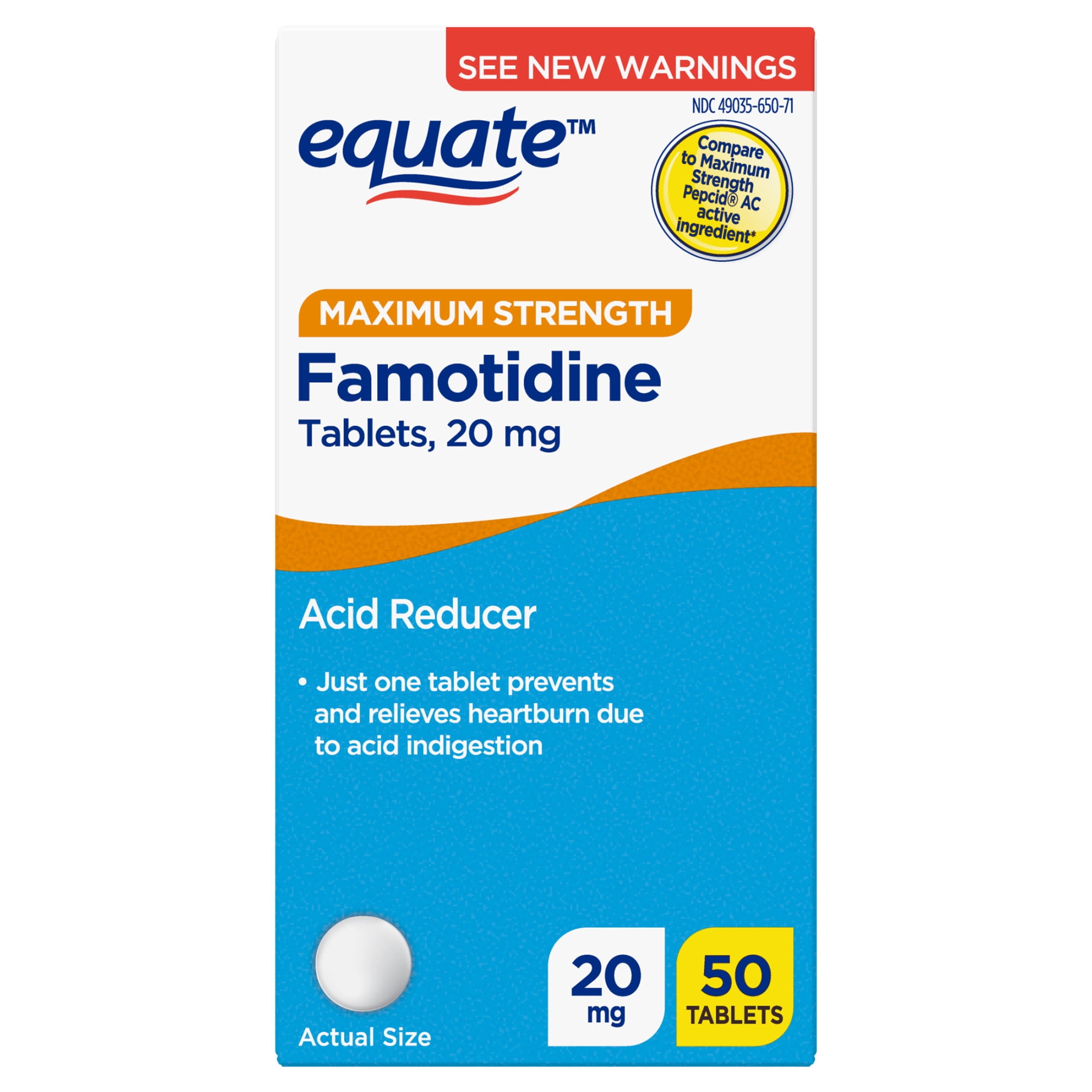 Equate Maximum Strength Famotidine Tablets, 20 mg, Acid Reducer, 50 Count, Compare to Maximum Strength Pepcid AC Active Ingredient