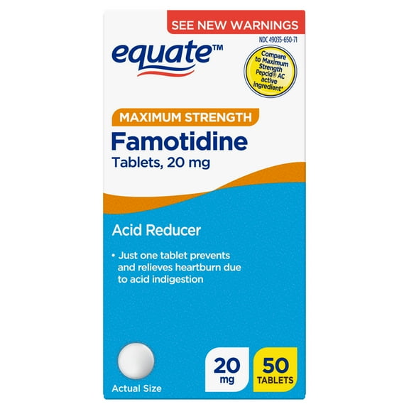 Equate Maximum Strength Famotidine Tablets, 20 mg, Acid Reducer, 50 Count, Compare to Maximum Strength Pepcid AC Active Ingredient