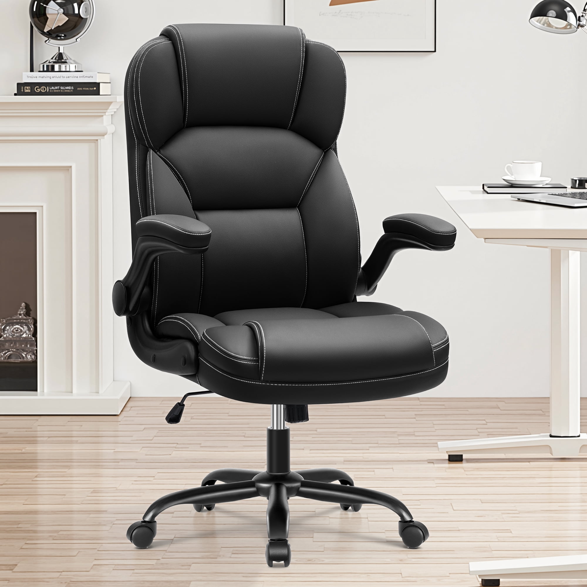 COOLHUT Bige and Tall Executive Office Chair 400lbs, Ergonomic PU Leather Computer Desk Chair with Flip-Up Armrests, Comfy Heavy Duty Office Chair for Home Office Gaming, Black