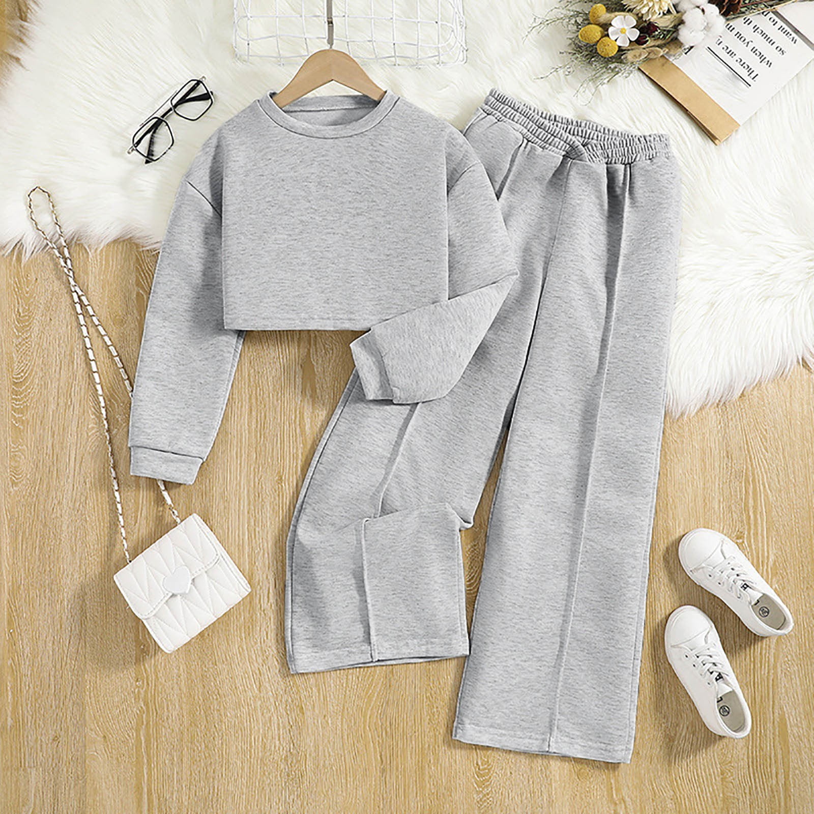 Tfken Outfits Sets For Teen Girls Athleisure Solid Color Sweatshirt Wide-Leg Pant Crew Neck Grey Clothing Sets Size 5-6 Years