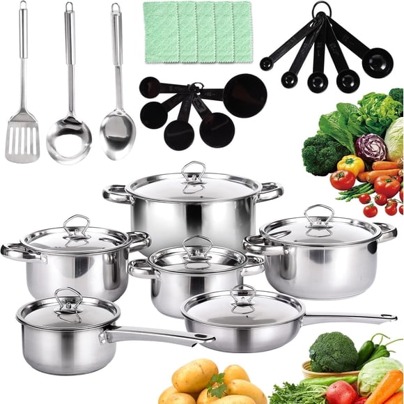 Batería de Cocina de Acero Inoxidable, Juego de Ollas y Sartenes Antiadherentes, con Ollas y Espátulas Reforzadas, Apta para Cocinas Eléctricas y de Gas (15pcs)