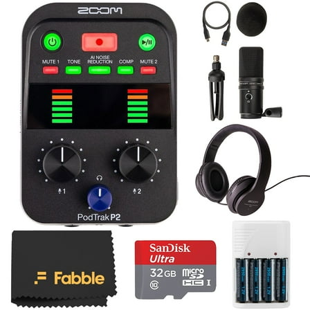 Zoom PodTrak P2 Podcast Recorder Bundle with a ZUM-2 Mic, ZHP-2 Headphones, a Tripod Stand, Mount, Windscreen, USB-C Cable, 32GB microSDHC Card, 4 AA Batteries, and a White Charger