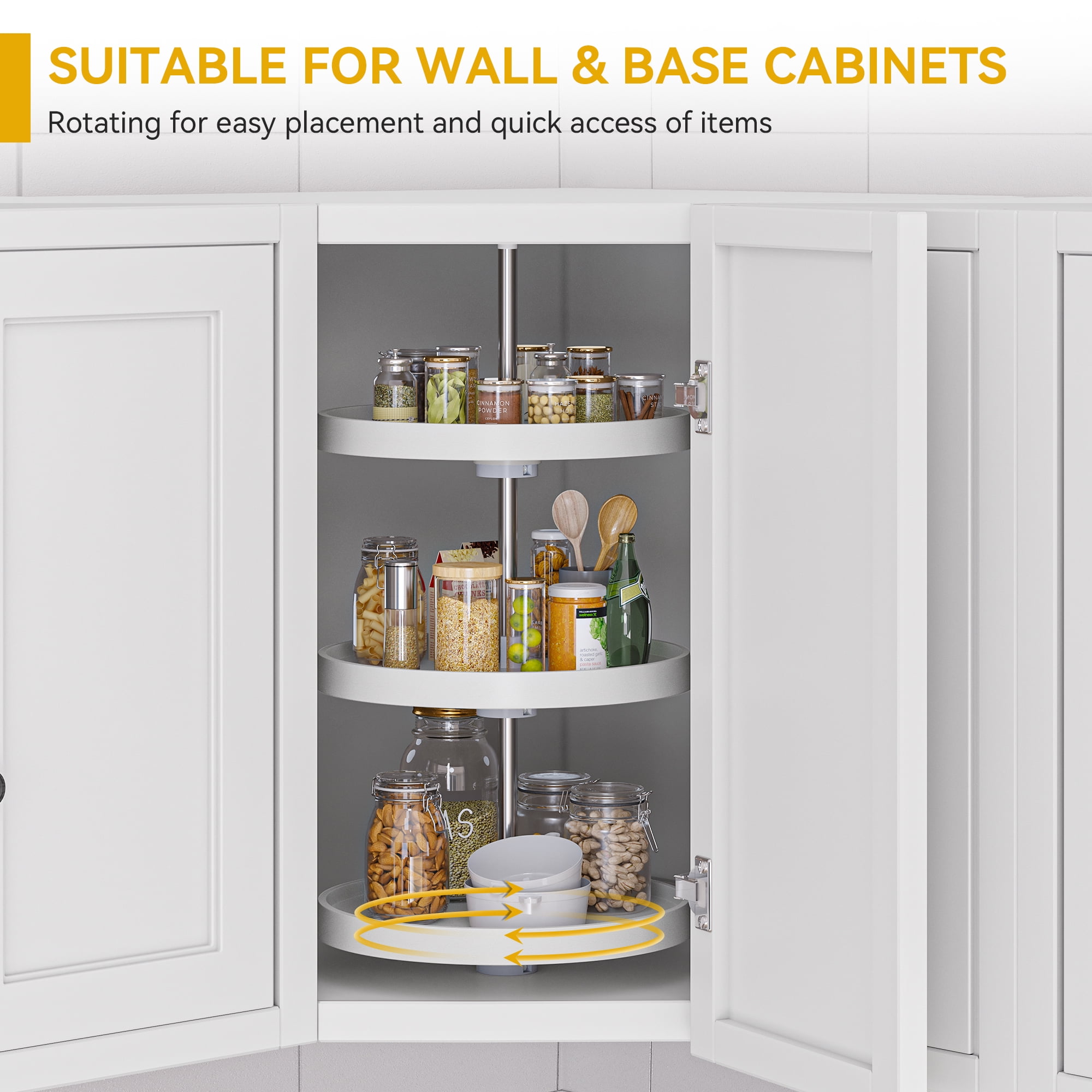 DEXTRUS 18-Inch Full-Circle Lazy Susan, 3-Shelf Corner Kitchen Organizer,  Adjustable Height, White - Walmart.com, image size:2000x2000