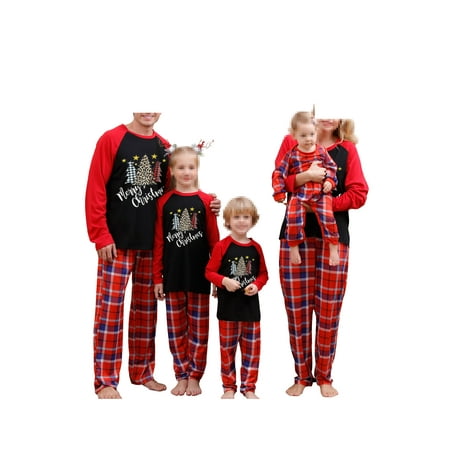 

FSDJHSDH Christmas Family Matching Pajamas Sets Christmas Tree Long Sleeve Tops Plaid Pants PJs Red-Kids 8-9 Years