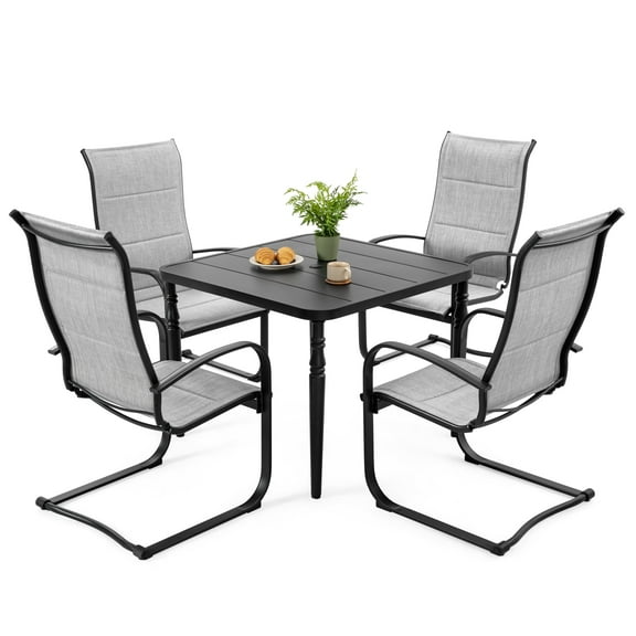 Nuu Garden 5-Piece Outdoor Dining Set, 4PCS C-Spring Motion Padded Textilene Chairs and Square Metal Table with Umbrella Hole, All-Weather Patio Furniture for Backyard, Deck, Yard, Gray and Black