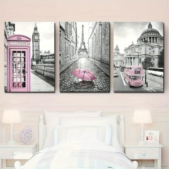 3 canvas posters, modern art, Eiffel Tower girl bedroom decoration, light pink Paris themed room wall decoration art, ideal gift for bedroom, living room, corridor, frameless