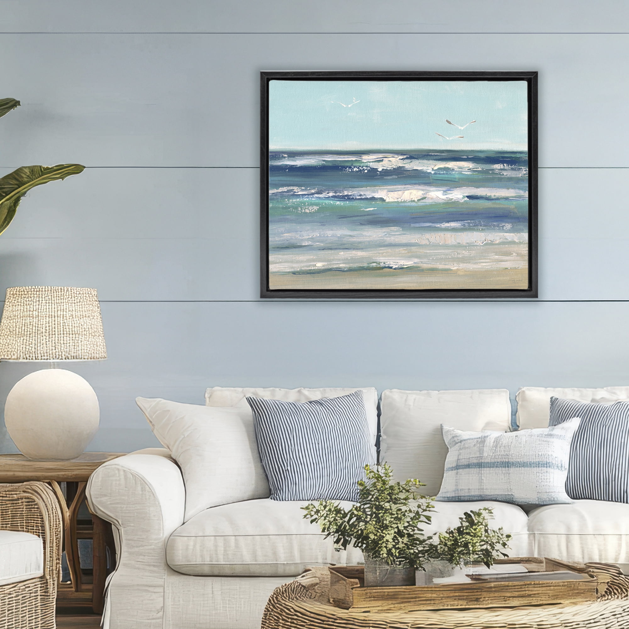 Stupell Industries Seagulls over Rolling Waves Black Framed Floater Canvas Wall Art, design by Sally Swatland