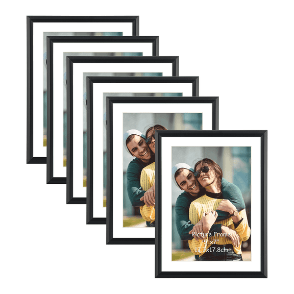 6x8 Picture Frame Set of 6, Display 5x7 Picture with Mat or 6x8 Without Mat, Black Photo Frame for Wall Hanging or Tabletop