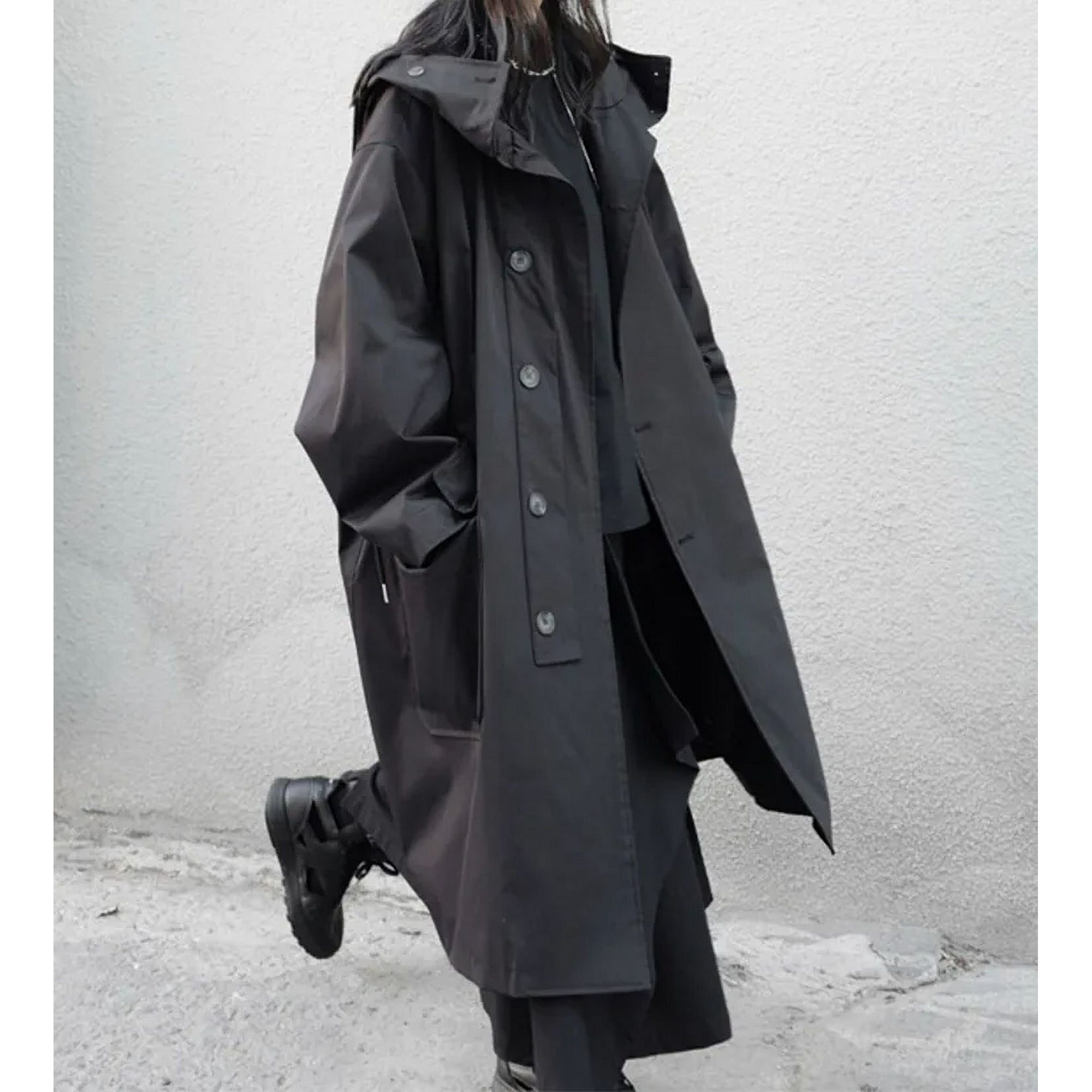 Long Oversized Black Trench Coat with Hood Dark Academia Aesthetic Luxury Designer Clothes for Women