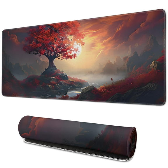 Red Trees and the Setting Sun mousepad Gamingwaterproofno Slip for Office Home Work GamingmousematRubber Base Mousepad with Stitched Edges 31.5x11.8inches