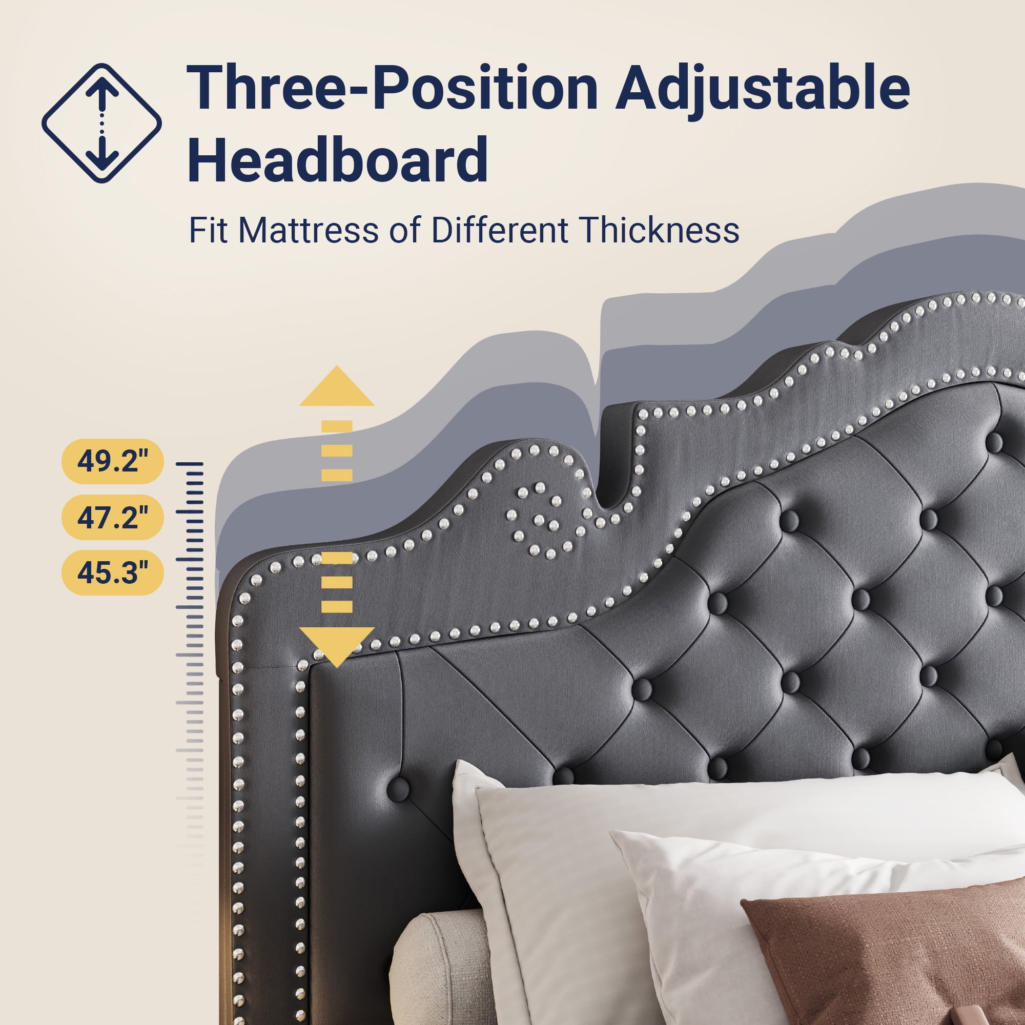 Allewie Full Bed Frame, Velvet Tiara Upholstered Diamond Button Tufted Headboard, No Box Spring Needed, Gray