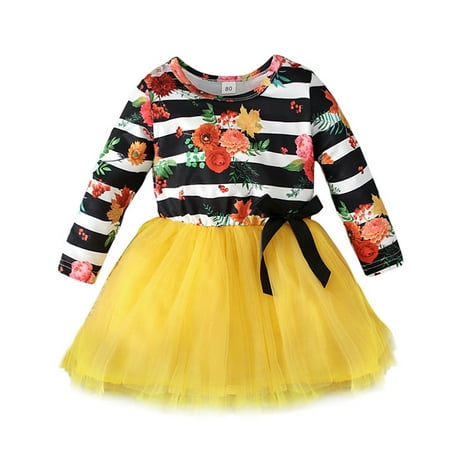

EHTMSAK Infant Baby Toddler Child Children Kids Tulle Tutu Fall Winter Dresses for Girl Long Sleeve Floral Dress Sundress Yellow 3Y-8Y 100