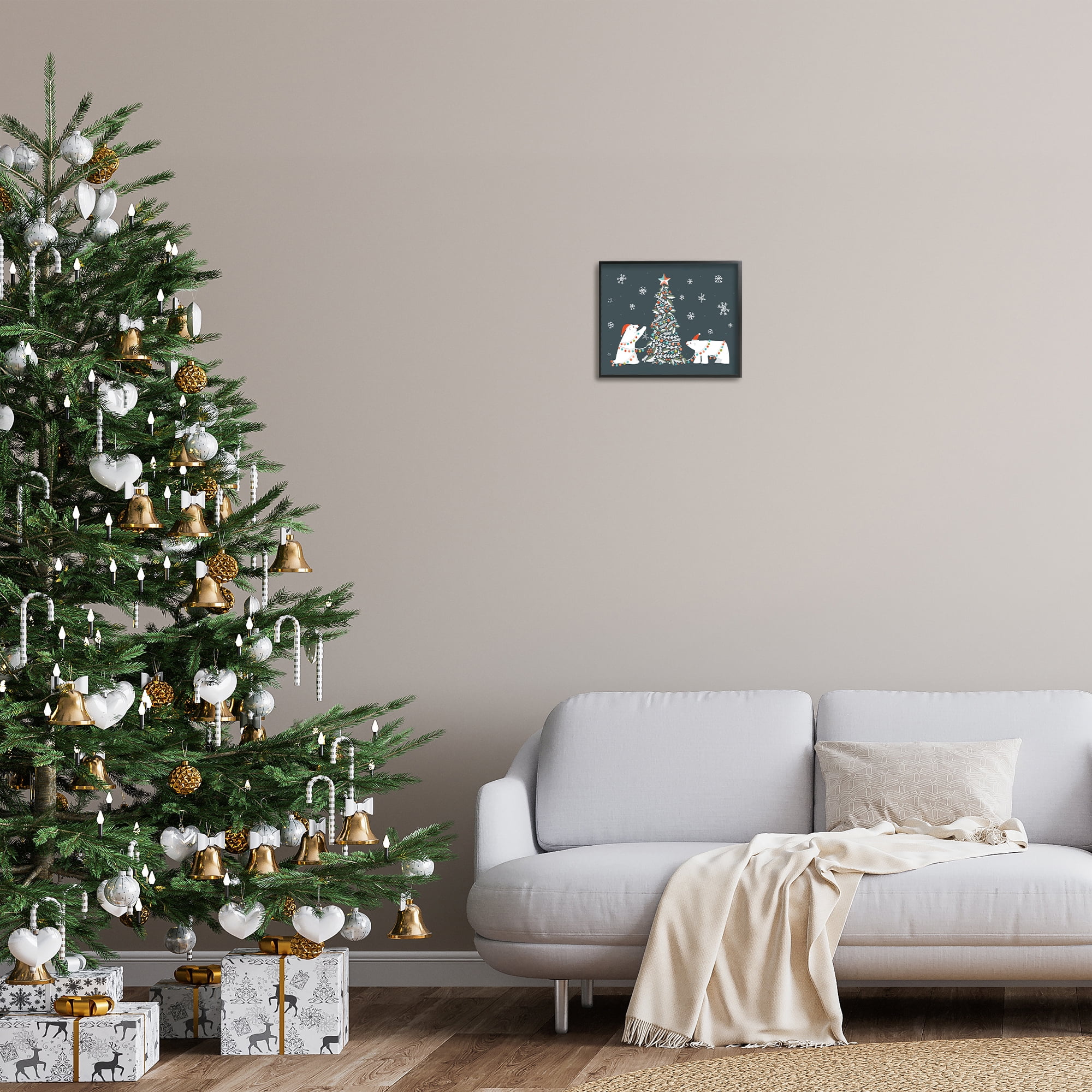 Stupell Industries Polar Bears with Christmas Tree Holiday Painting Black Framed Art Prints Wall Art, 14 x 11