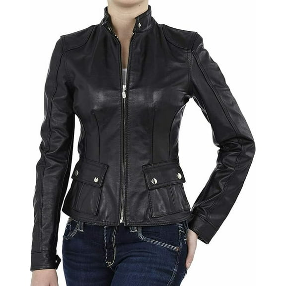 Womens Genuine Lambskin Leather Jacket Motorcycle Biker Leather Black Jacket W354