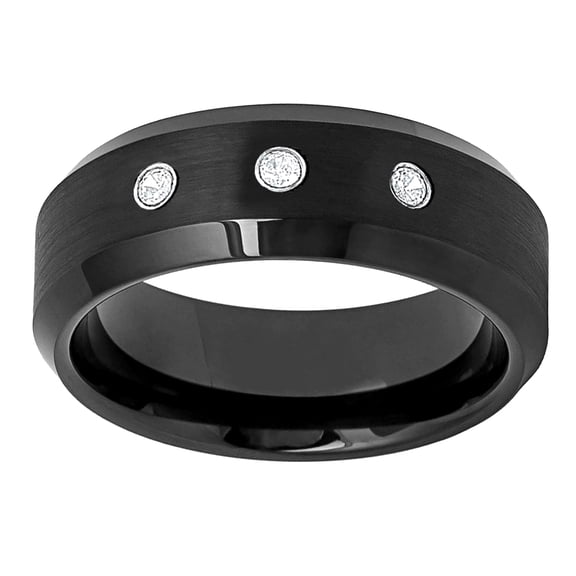 Men Women Tungsten Carbide Wedding Band Ring 8mm Comfort Fit Beveled Edge 0.21ct Diamond Black Brushed Tungsten Ring