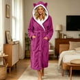 thumbnail image 2 of Womens Hooded Fleece Robe, Soft Bathrobe for Womens, Cute Long House Coat Hot Pink M(M), 2 of 6