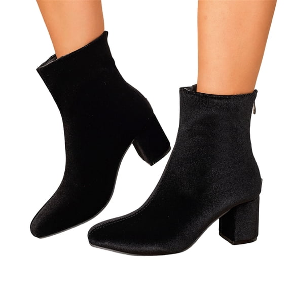 Womens Boots Pointed Toe Ankle Booties for Women, Velvet Block Heel Boots with Back Zipper, Casual Fall Shoes for Work, Dress, Party and Everyday Wear